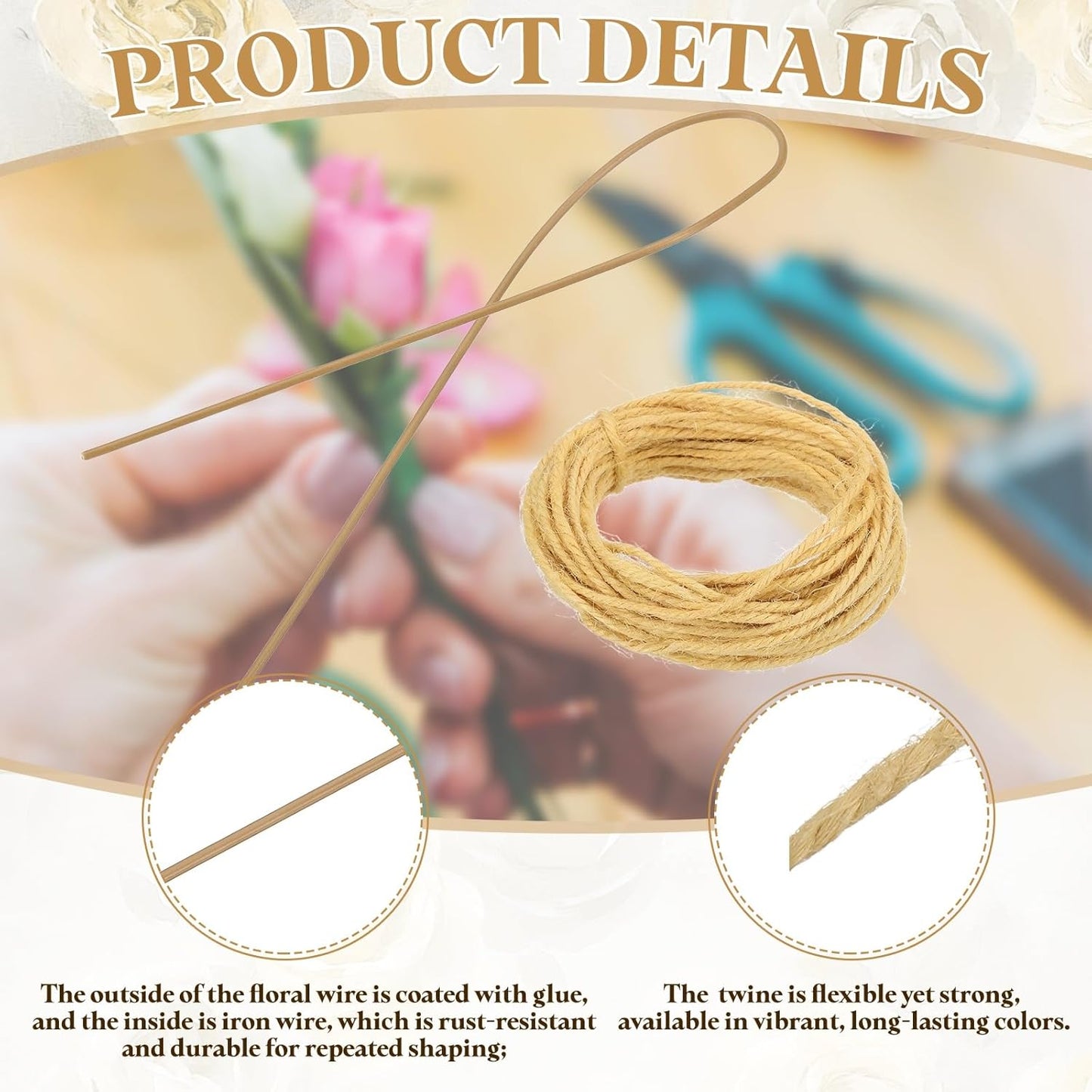 uxcell 50Pcs 2 Gauge Floral Wire, 15.75" Length Flower Stem Wires with 0.08" x 32.8ft Twine for Wreath Making, Flower Arrangement, Yellow