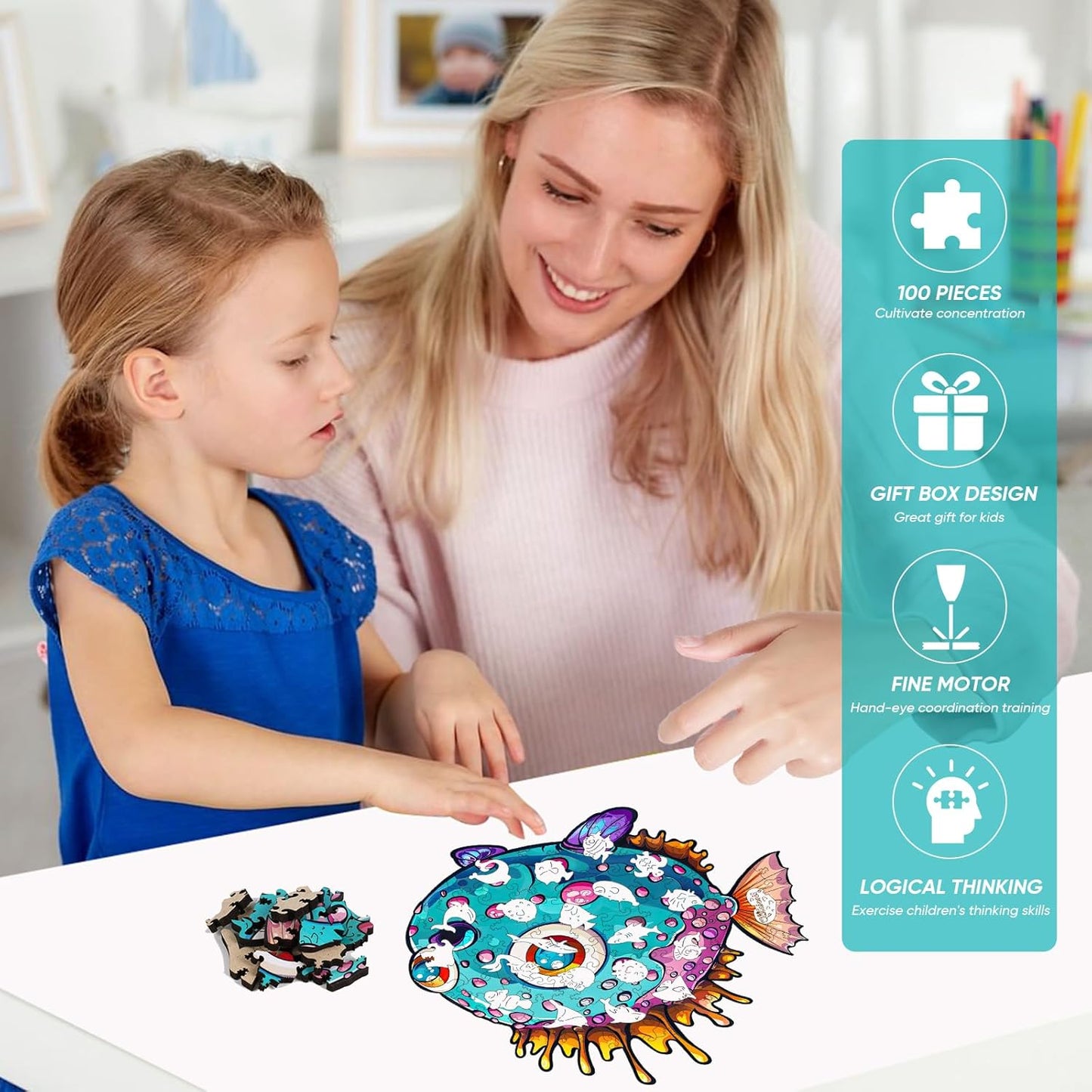 Wooden Puzzles for Kids,100 Pieces Ocean Puzzle,Unique Fish Shaped Wooden Puzzle, Preschool Puzzle Toys, Give Your Kids/Grandchildren, Suitable for Family Games