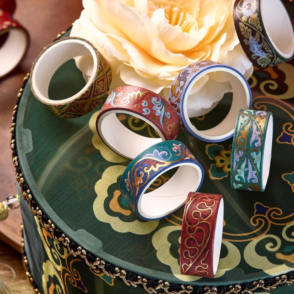 Washi Tape Set 10 Rolls, Chinoiserie Gold Foil Decorative Paper Sticker for Planner Scrapbook Journal DIY Arts Craft (Ancient Blue)