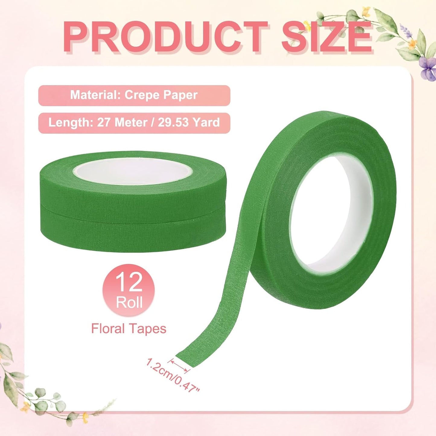 MECCANIXITY 12 Rolls Floral Tapes, 30 Yard x 1/16 in Florist Crepe Flowers Bouquets Tape Adhesive Waterproof for Flower Arranging Wrapping, Light Green