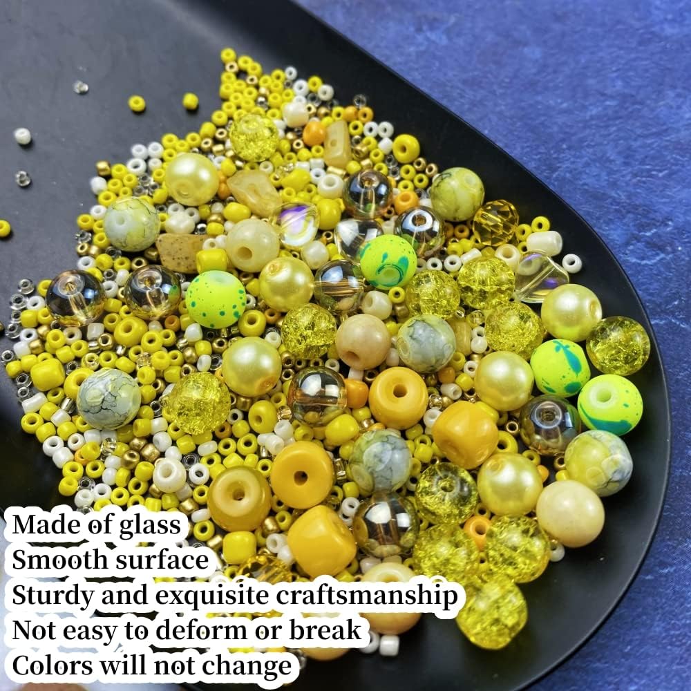 Assorted Glass Resin Beads Multi Size Colors Smooth Cracked Gravel Millet Spacer Beads for Bracelets Necklace Earring DIY Jewelry Making Craft(Yellow Series)