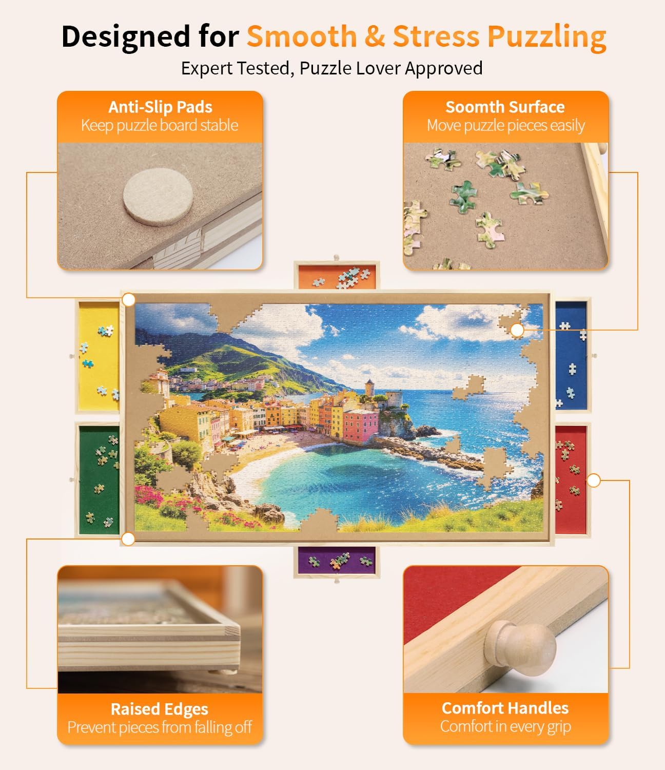 1500 Piece Rotating Puzzle Board Pro, 34" x 25" with 6 Drawers, Rubber Cover Mat, 360° Lasy Susan, Sort-Wise Colorful Felt Drawers & 4 Trays, Wooden Jigsaw Puzzle Table, Birthday Gifts for Mom