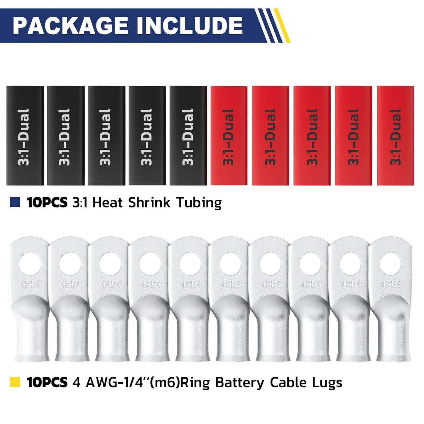 haisstronica 10pcs 4 AWG - 1/4" (M6) Tinned Copper Battery Lugs, Heavy Duty Copper Wire Lugs with 10pcs 3:1 Adhesive Heat Shrink Tubing,4 Gauge Wire Lugs,Tinned Copper Battery Cable Ends