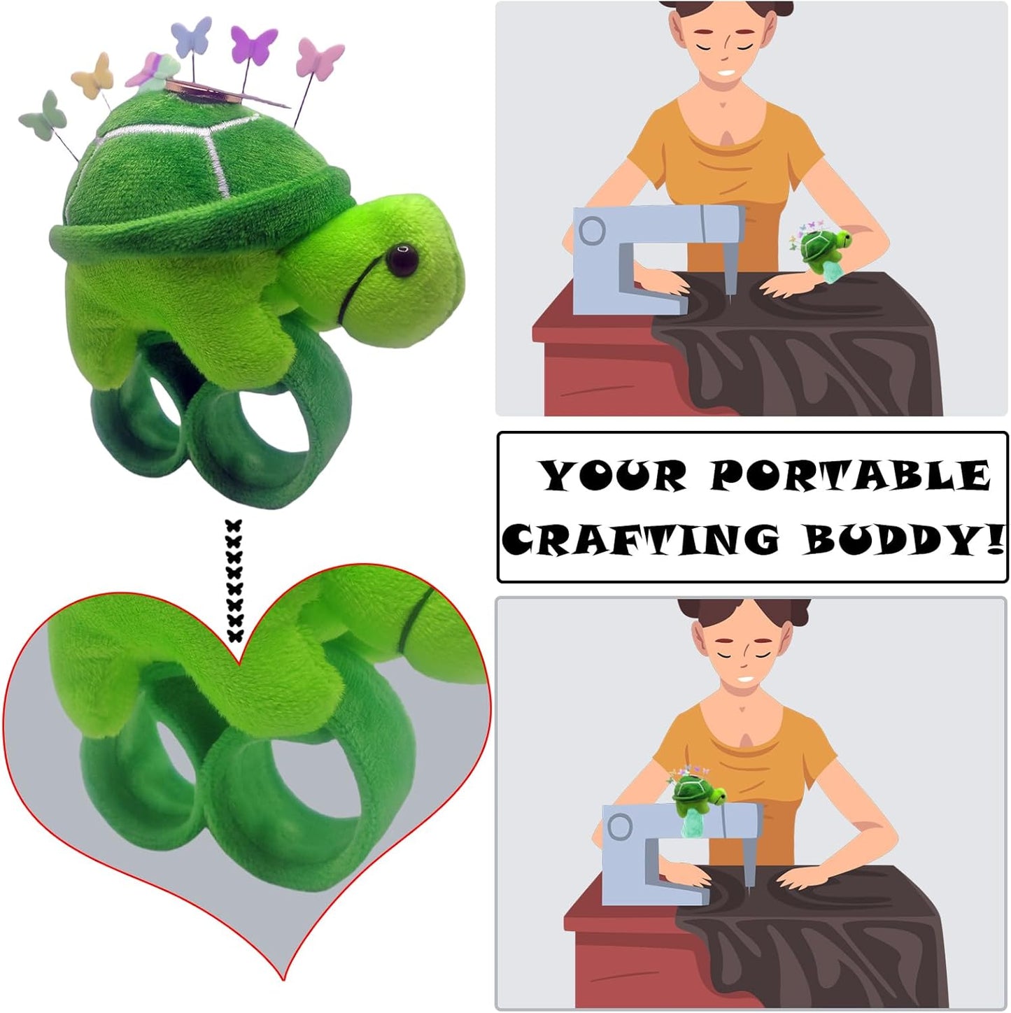 Cute Turtle Wrist Pin Cushion for Sewing with Magnetic, Snap Bracelet Wrist Bands for Pins and Needles Include 50 Lovely Butterfly Straight Pins.