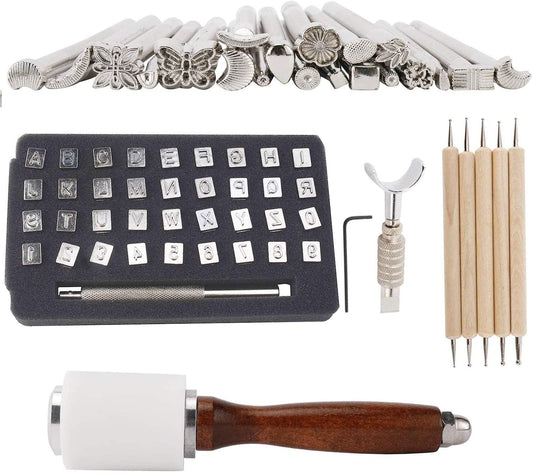 65PCS Leather Stamping Tool Leather Carving Working Saddle Making Tools DIY Leather Craft Stamps Set DIY Hammer Swivel Knife with Leathercraft Metal Letter and Number Stamps Punch