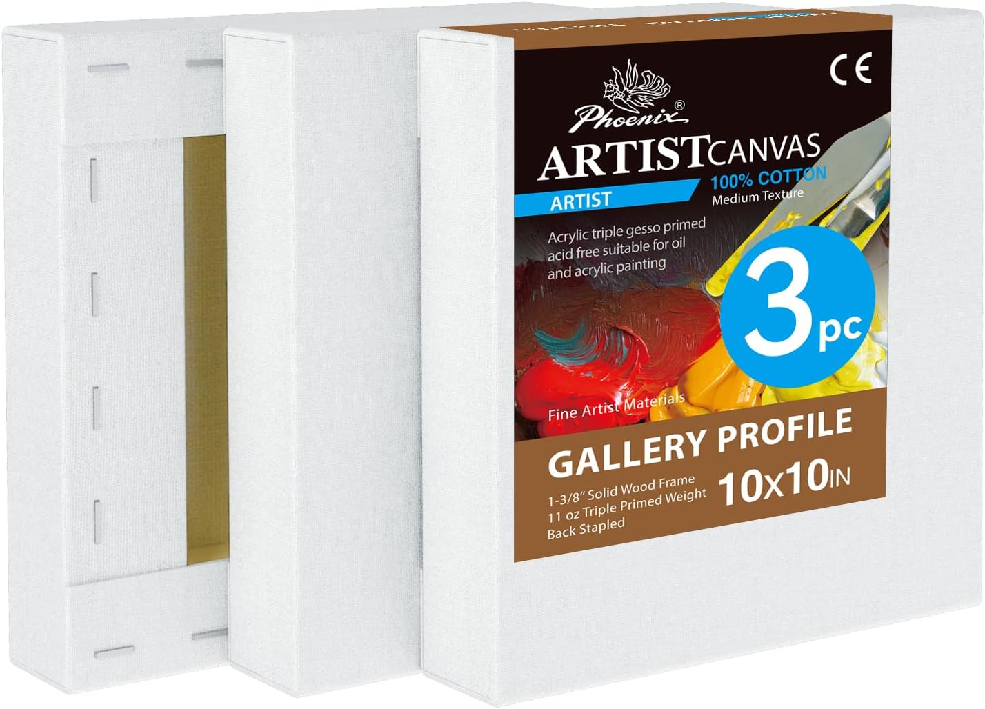 PHOENIX 10x10 Inch 3 Pack Gallery Canvas - 1.5 in Thick Square Canvases for Painting - Deep Edge 100% Cotton 11 Oz. Gesso Primed White Blank Professional Canvas Oil & Acrylic Paints