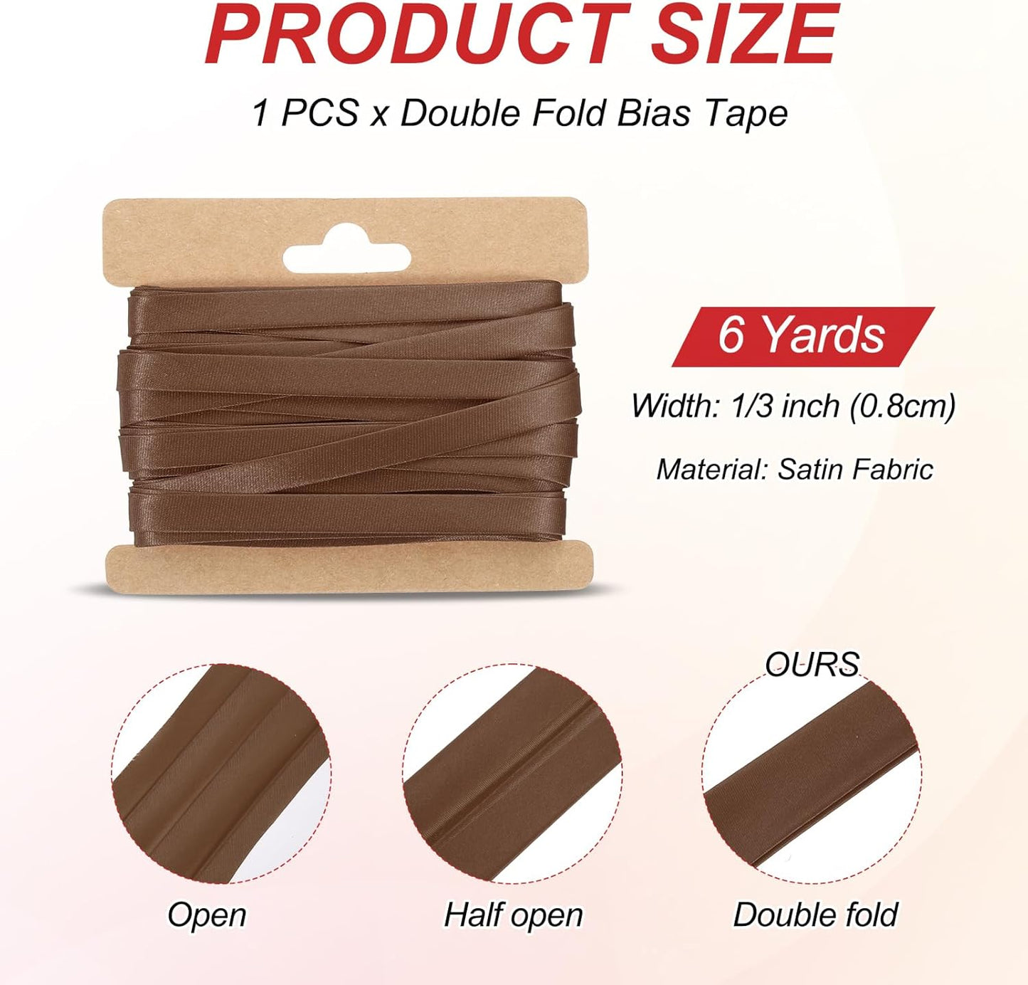 MECCANIXITY Double Fold Bias Tape for Sewing 1/3 Inch x 6 Yards Satin Pre-fold Continuous Binding Tape for Seaming Quilting Hemming Binding DIY Crafts, Coffee