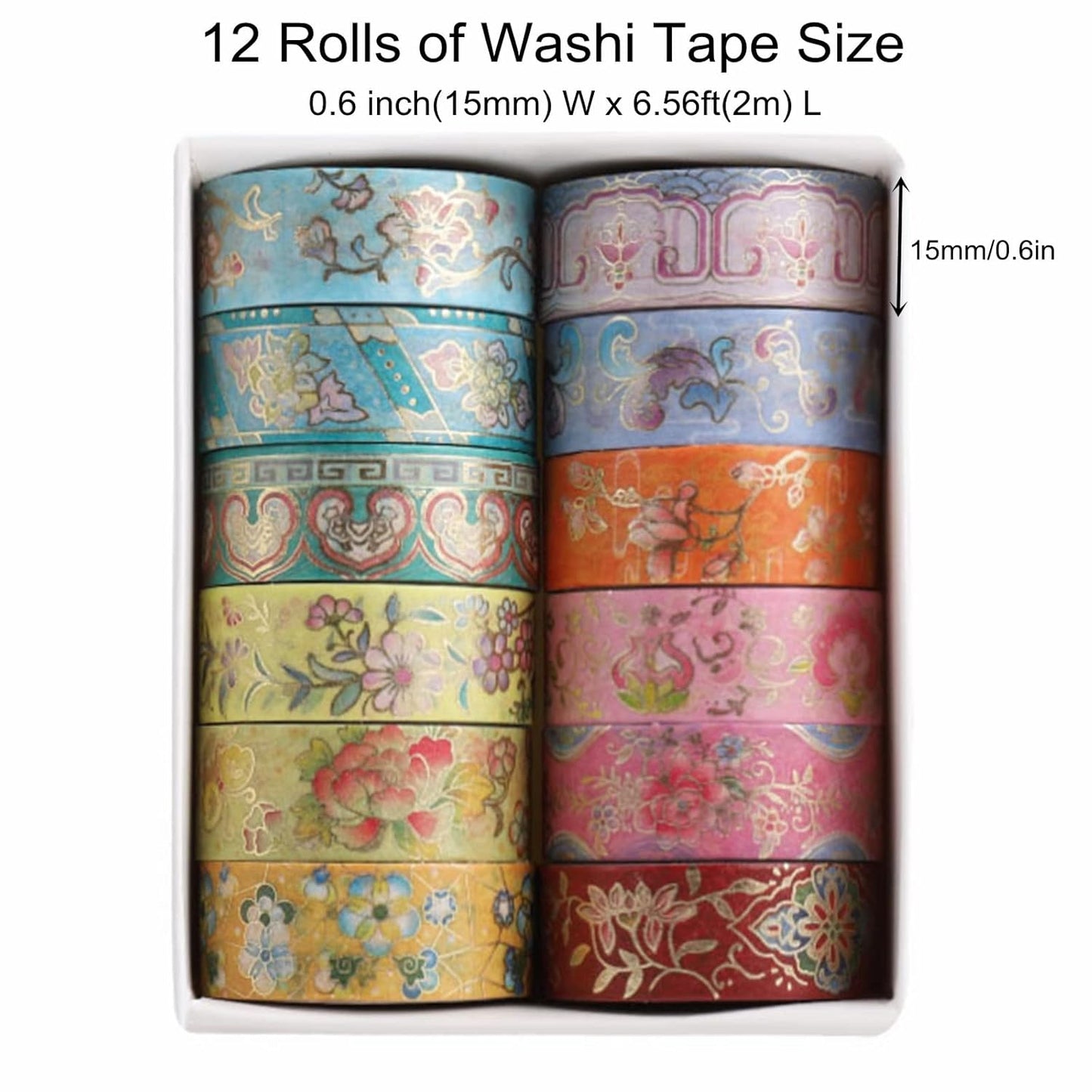 12 Rolls Vintage Washi Tape Set, Gold Foil Decorative Masking Tape for Scrapbooking, Bullet Journal, Planner, DIY Crafts, Gift Wrapping