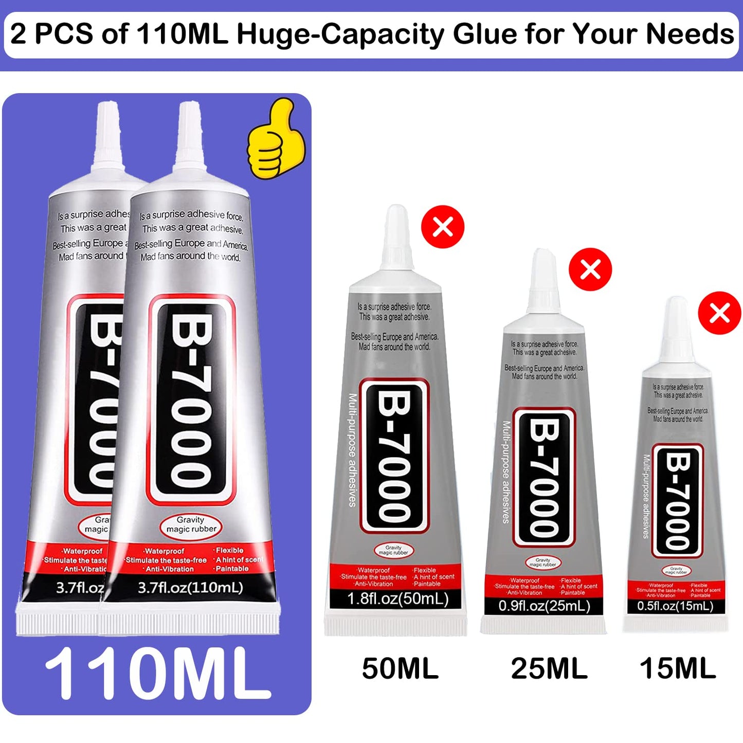 B7000 Adhesive Rhinestones Glue for Crafts, 2PCS 110ml / 3.7 fl oz with 5 Dotting Pen Tool, Wax Pencil and Tweezer, Jewelry Glue for DIY Craft, Makeup, Shoes, Jewelry Making, Nail Art