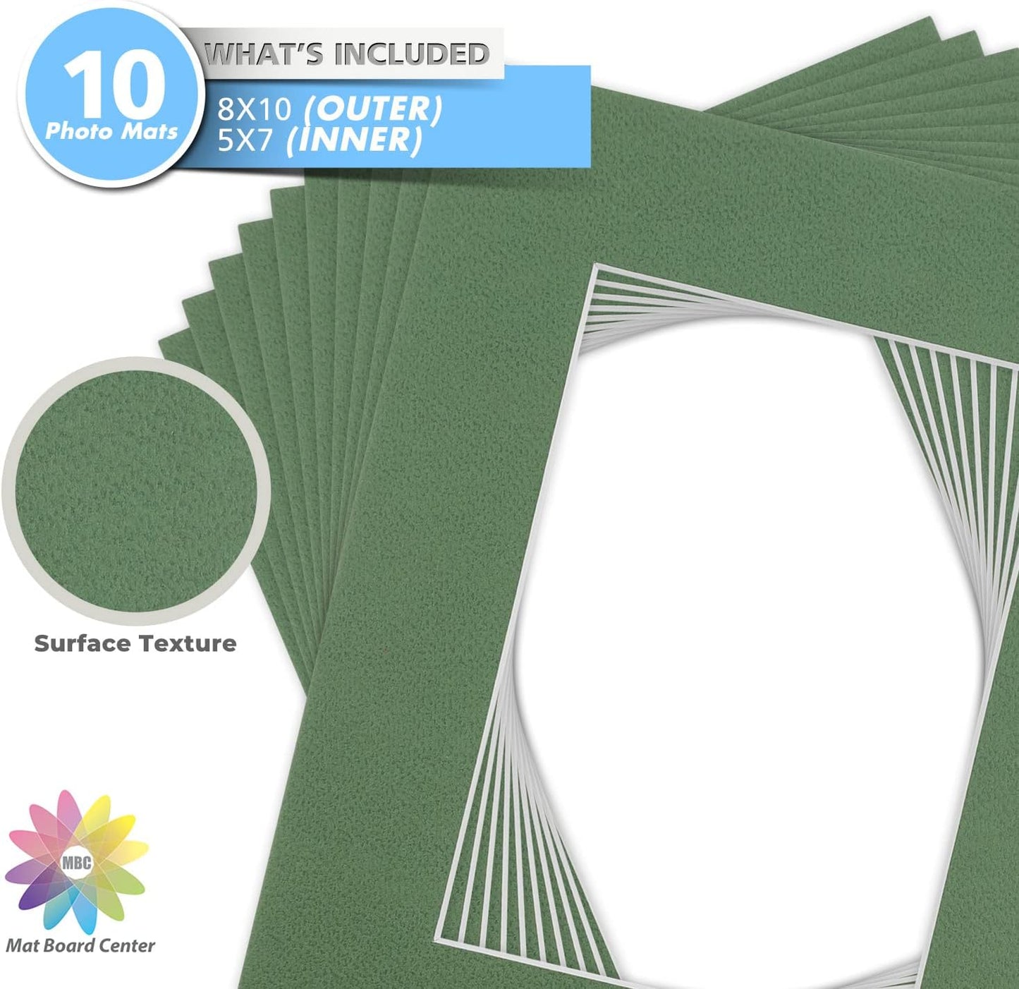 Mat Board Center, Pack of 10, 8x10 for 5x7 Basque Green Color Mats - Bevel Cut, Acid Free, 4-ply Thickness, White Core - for Pictures, Photos, Framing