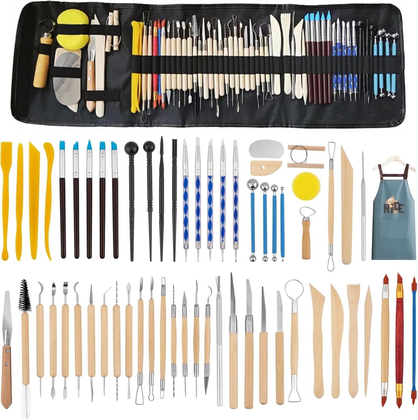 61PCS Clay Sculpting Tools Kit, Clay Pottery Carving Tool Kit with Wooden & Stainless Steel Clay Tools, Professional Clay Sculpting Tool for Adults, Sculpting Tools for Air Dry Clay, Polymer, Ceramic