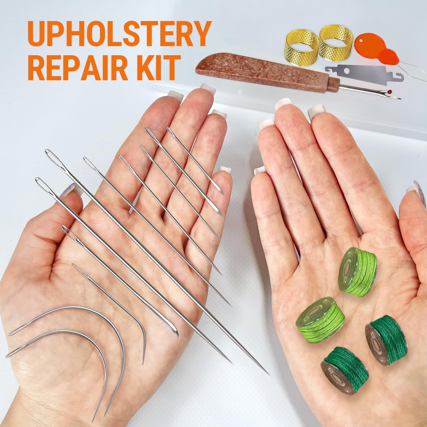 VONEEDL Heavy Duty Sewing Needles (11 PCS) & Waxed Thread (4 Green Colors) - Upholstery Repair Kit for Leather, Canvas, Quilting & More
