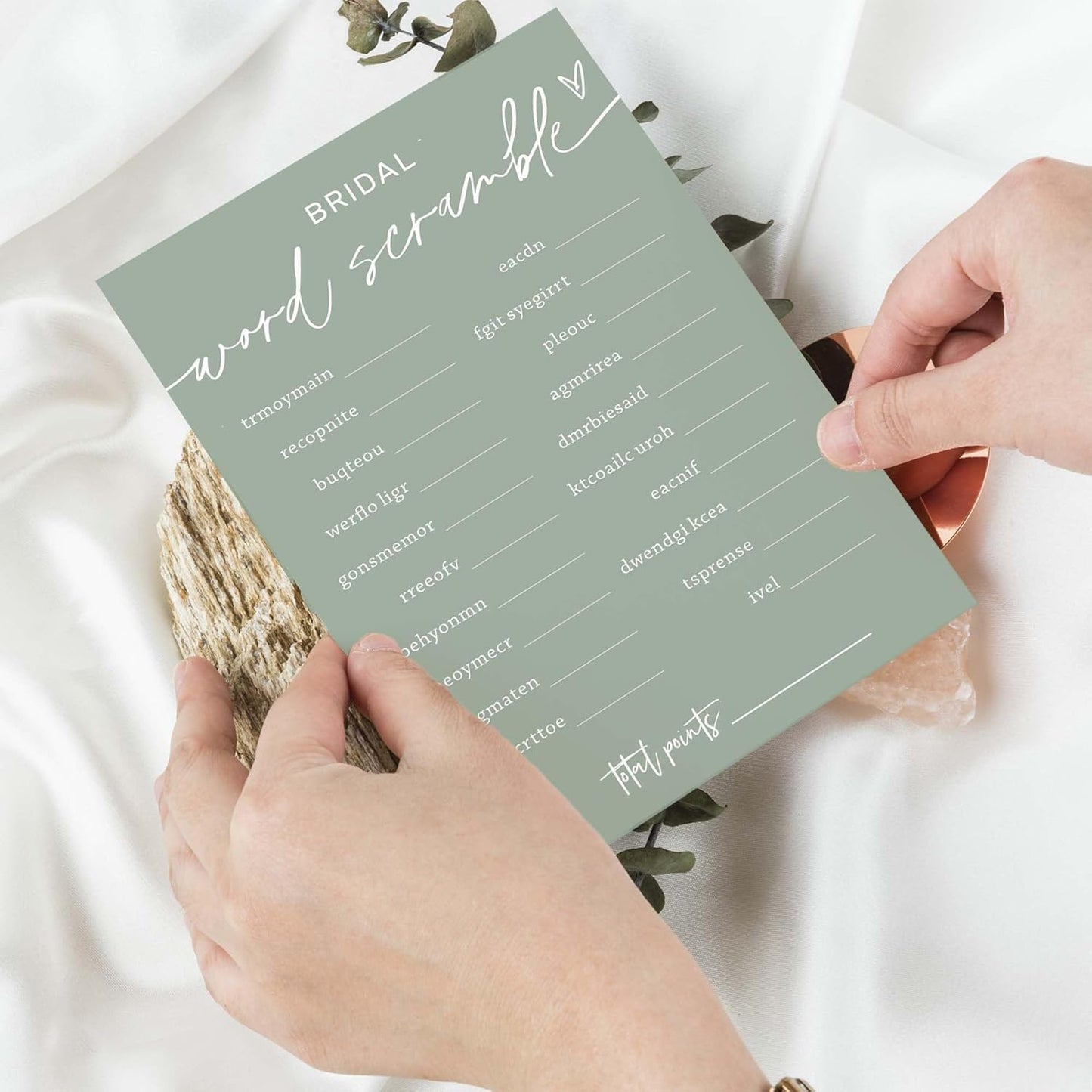 Bridal Shower Games Cards, Bridal Word Scramble, 25 Game Cards with 1 Answer Card, Engagement Party Wedding Games for Guests, Minimalist Green Wedding Party Supplies - C14