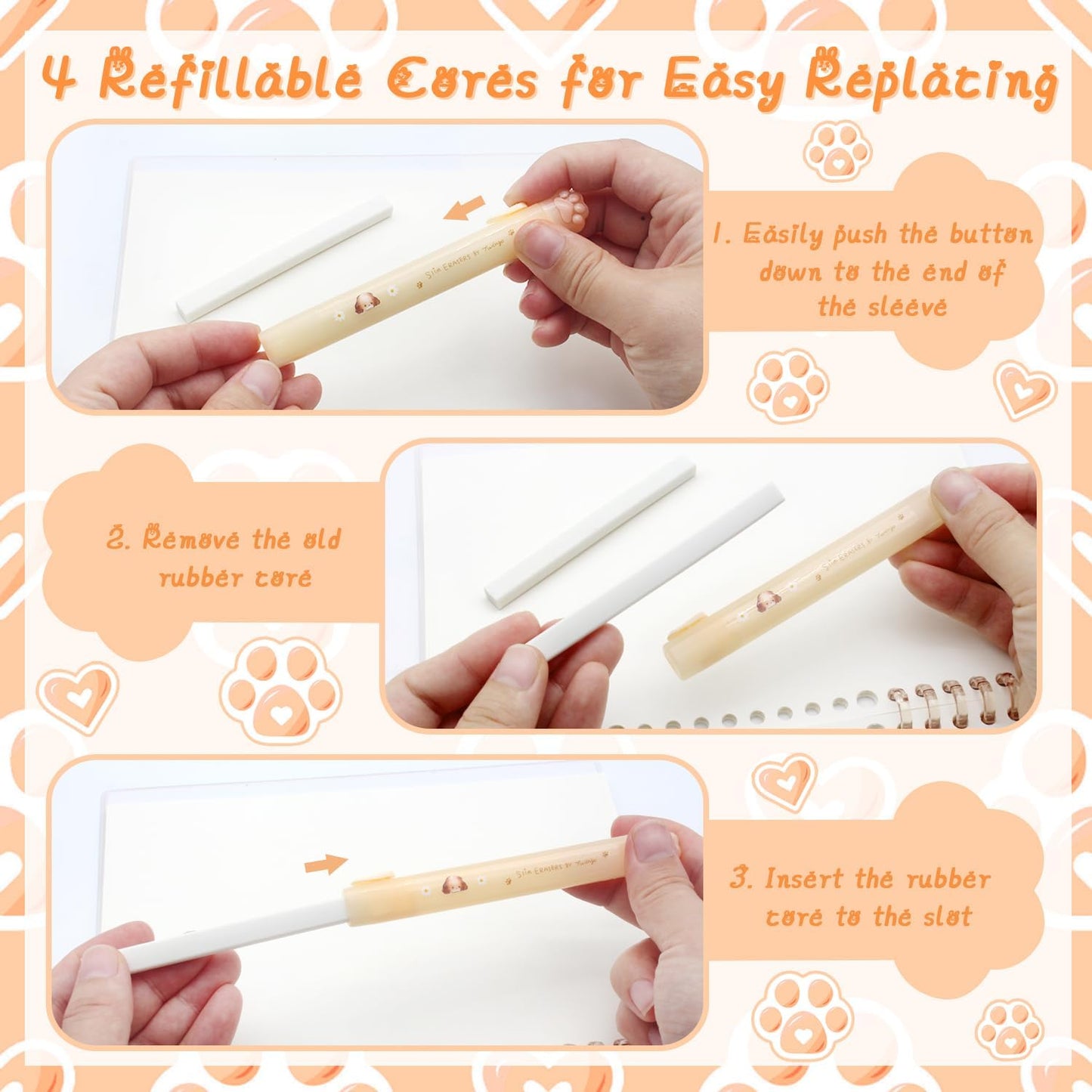 Benvo Retractable Cat Paw Erasers 4 Pcs with Refillable Rubbers Slim Erasers for Precise Erasing, Cute Eraser for Students, Artists, Office Use