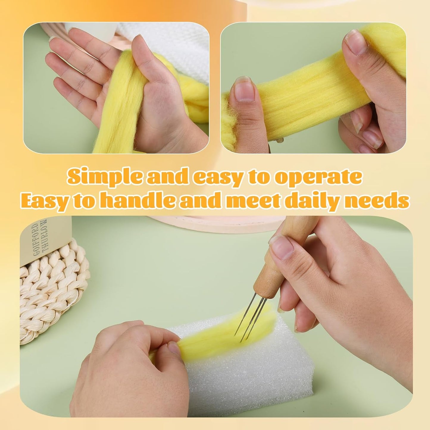 3.53oz Wool Roving Yarn, Fiber Roving Wool Top, Needle Felting Supplies, Pure Wools, Chunky Yarn, Spinning Wools for Needle Felting Wet DIY Hand Spinning (Light Yellow)