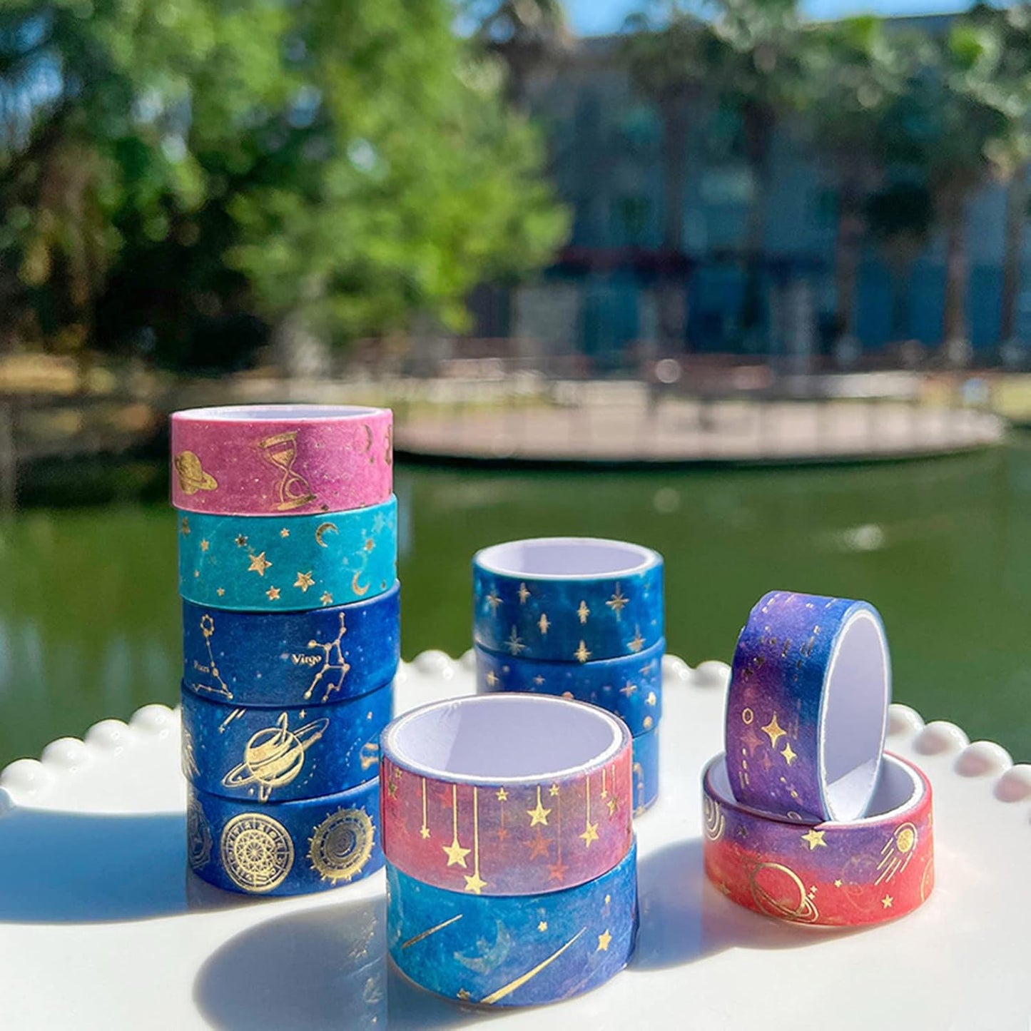 12 Rolls Galaxy Washi Tape Set, Gold Foil Decorative Masking Tape for Scrapbooking, Bullet Journal, Planner, DIY Crafts, Gift Wrapping