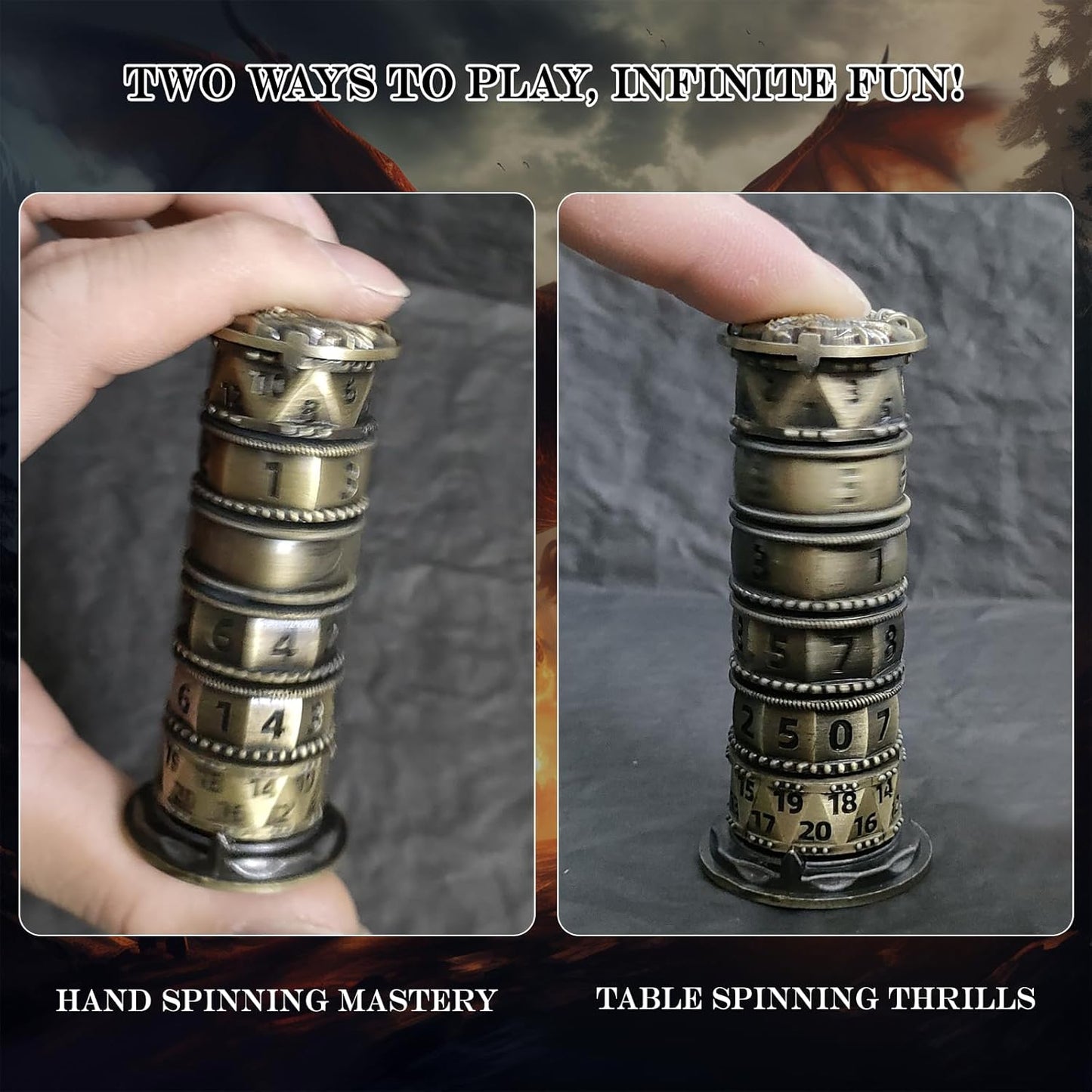 DND Dice Spinner Tower Set - Unique D4 D6 D8 D10 D10% D12 D20 All in One D&D Metal Dice - Cool Role Playing Gifts for Dungeons and Dragons TRPG MTG Games Lover Player (Tower-Ancient Bronze)
