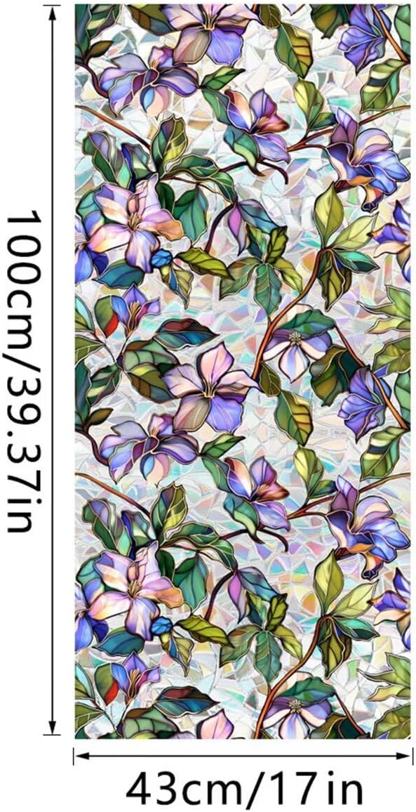 Purple Flower Window Privacy Films, Stained Glass Rainbow Floral Window Sticker Decor, Sun Blocking Removable Static Cling Film for Bathroom Living Room Bedroom Sunroof, 17 x 39.37 Inch