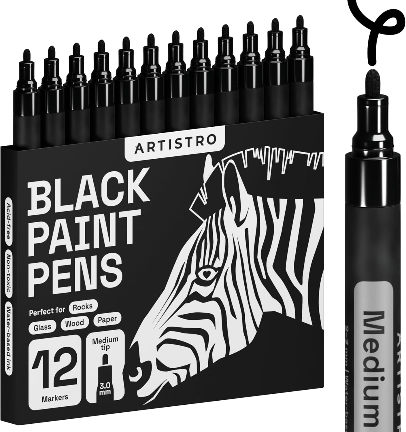 ARTISTRO 12 Black Paint Pens for Rock Painting, Stone, Ceramic, Glass, Wood, Fabric, Scrapbooking, DIY Craft Making, Art Supplies, Card Making, Coloring, Acrylic Markers Medium Tip 3.0mm
