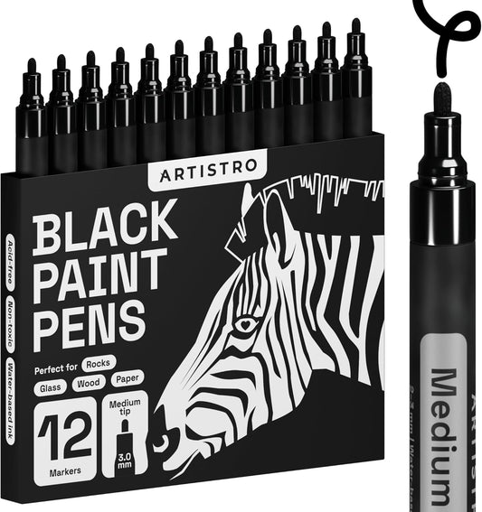 ARTISTRO 12 Black Paint Pens for Rock Painting, Stone, Ceramic, Glass, Wood, Fabric, Scrapbooking, DIY Craft Making, Art Supplies, Card Making, Coloring, Acrylic Markers Medium Tip 3.0mm