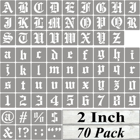 2 Inch Alphabet Letter Stencils for Painting - 70 Pack Old English Letter Stencil Templates with Numbers and Signs for Painting on Wood, Reusable Letters Stencils for Chalkboard Wood Signs & Wall Art