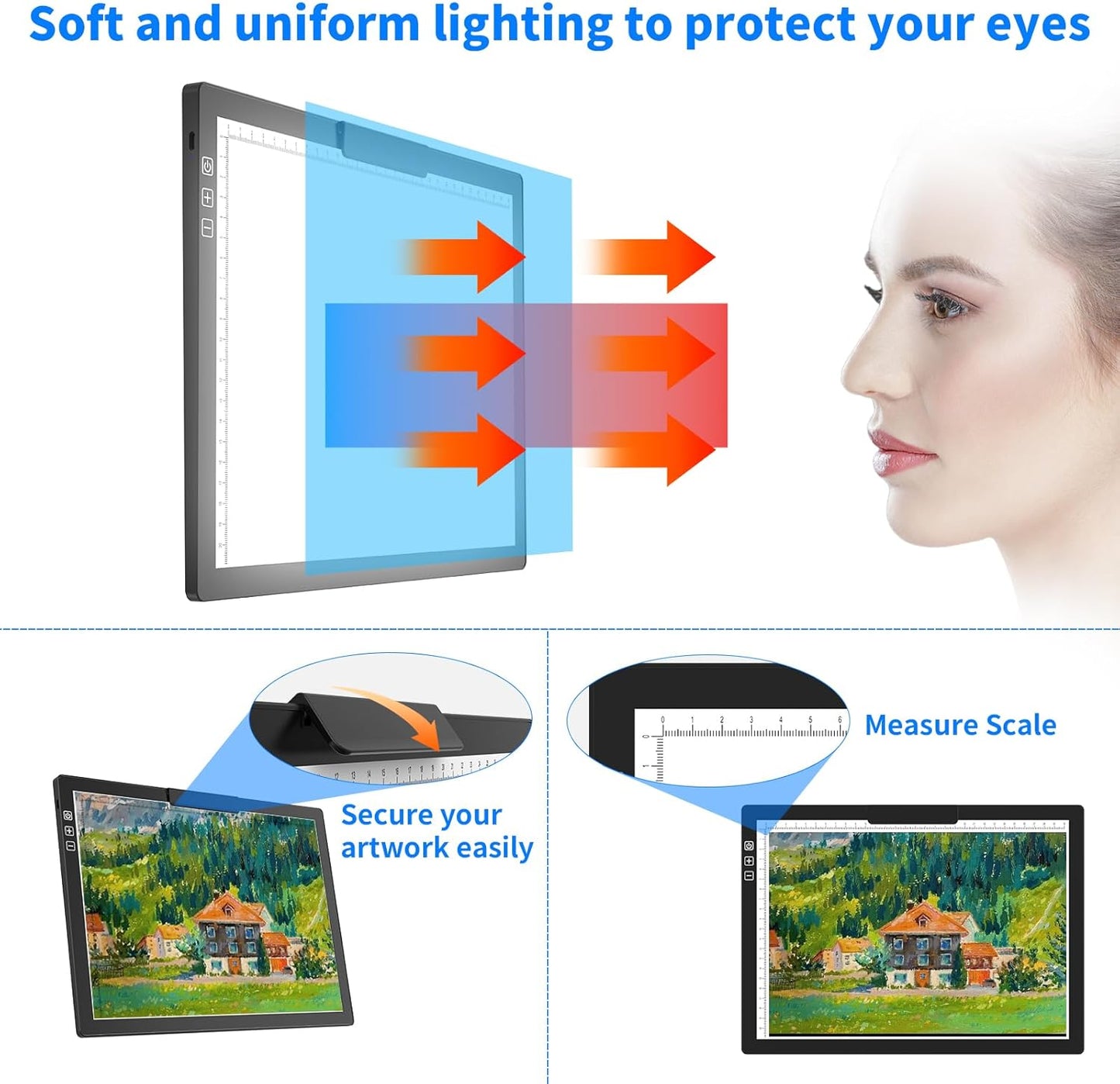 HIUKCOLED Rechargeable A4 Light Pad, Battery Powered Light Board with Top Clip＆Stand, Stepless Dimmable＆6-Level Brightness Adjustable, Wireless LED Tracing Box for Diamond Painting,Drawing,Sketching