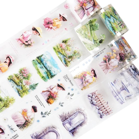 Girl and Scenic PET Tape Set, 4 Rolls Pre-Cut Adhesive Tapes for Scrapbooking, Junk Journaling, DIY Crafts, and Art Supplies