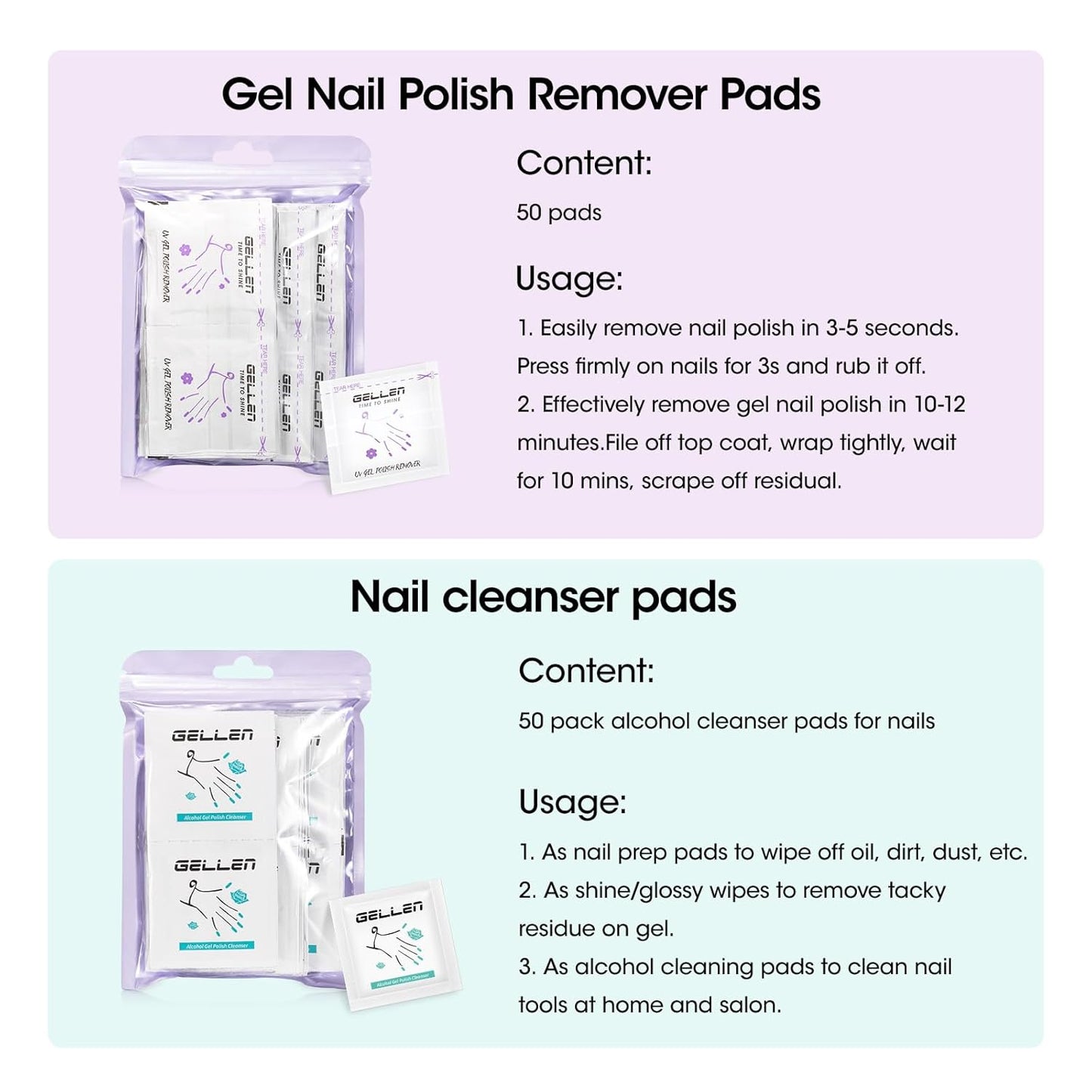 Gellen 100 Pack Gel Polish Remover and Nail Cleanser Pads, Acetone Nail Polish Remover Pads, Alcohol Wipes for Nails, Quick & Easy Removal, Individually Wrapped Travel Set for Perfect Nail Art