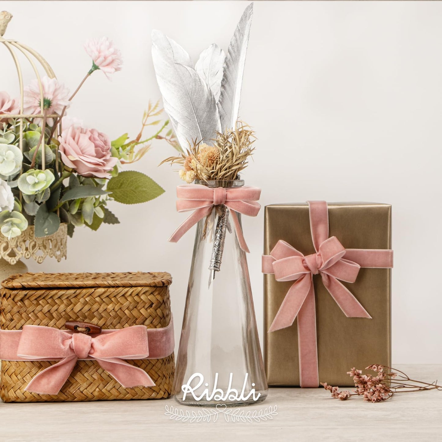 Ribbli Rose Gold Velvet Ribbon 1 Inches Continuous10 Yard Spool Dusty Pink Christmas Ribbon for Gift Wrapping Crafts Home Decor