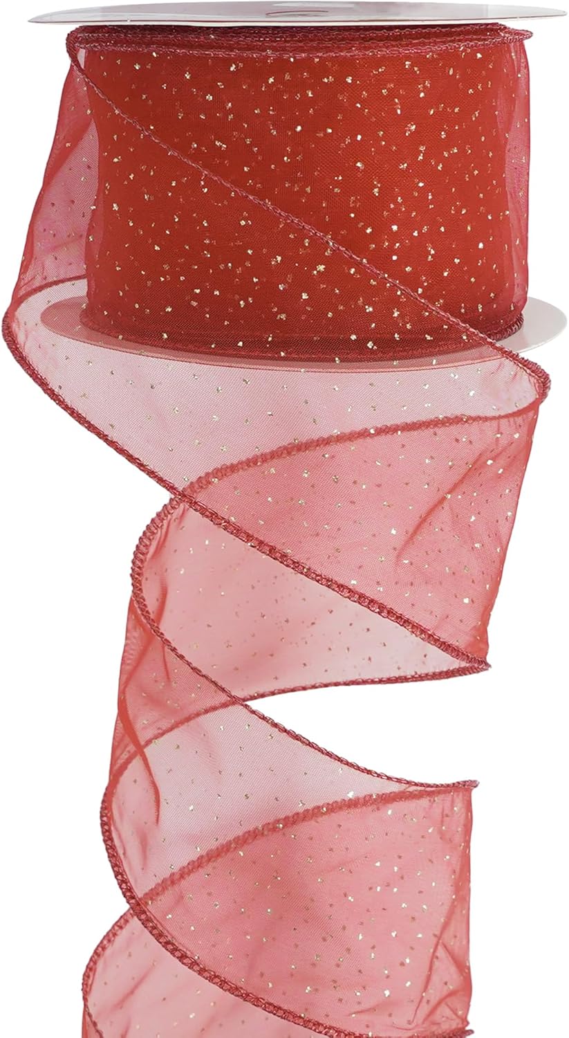 MEEDEE Red Gold Wired Ribbon - 2.5 Inch Sheer Ribbon with Gold Glitter Polka Dots for Christmas Tree, Wreath and Bow Making