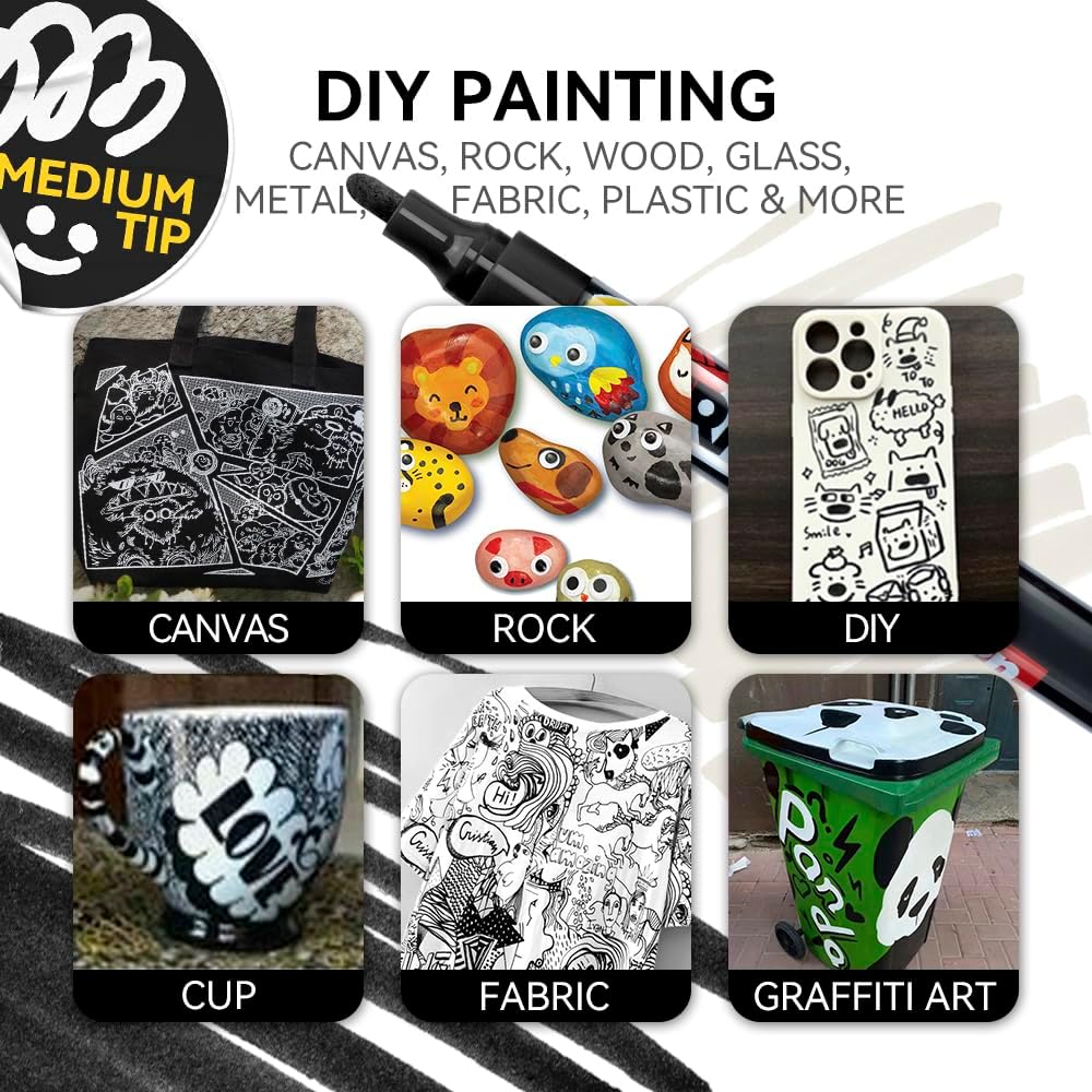 TRANSON Black and White Permanent Paint Markers for Fabric Rock Craft Diy Painting Medium Tip Oil Based Waterproof