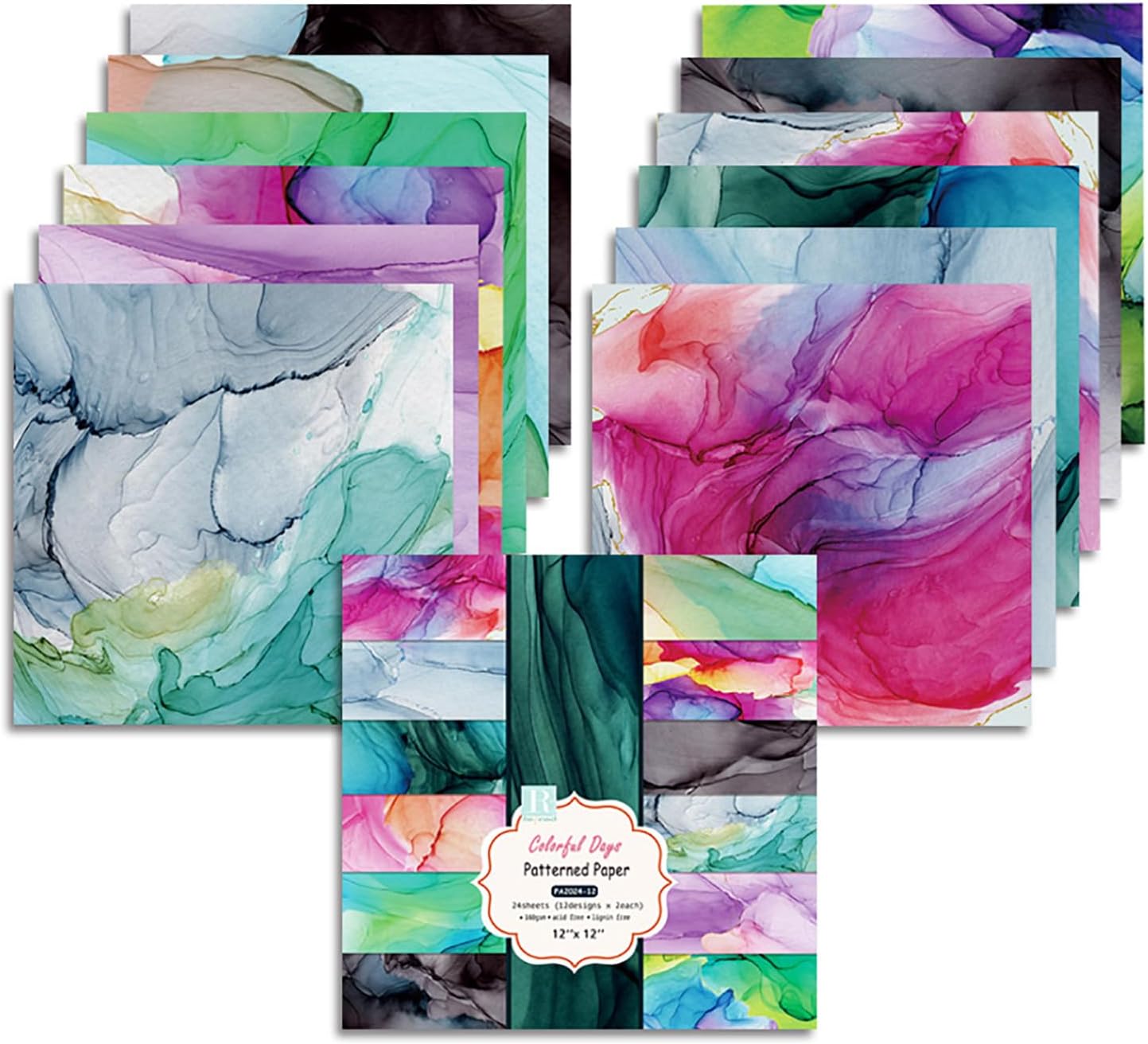 YASMEN Scrapbook Paper Pad 12x12, Marble Patterned Cardstock Paper Pads, Single-Sided Decopodge Paper, DIY Decorative Craft Paper, Scrapbooking Junk Journal Gift Card Making Supplies - 24Sheet