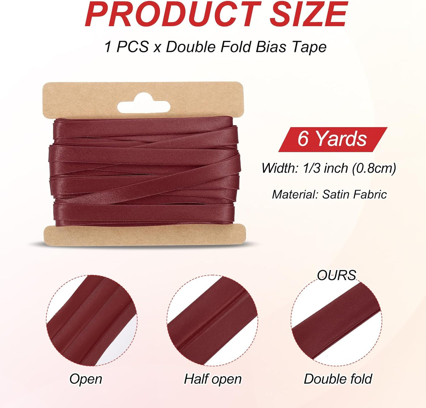 MECCANIXITY Double Fold Bias Tape for Sewing 1/3 Inch x 6 Yards Satin Pre-fold Continuous Binding Tape for Seaming Quilting Hemming Binding DIY Crafts, Wine Red