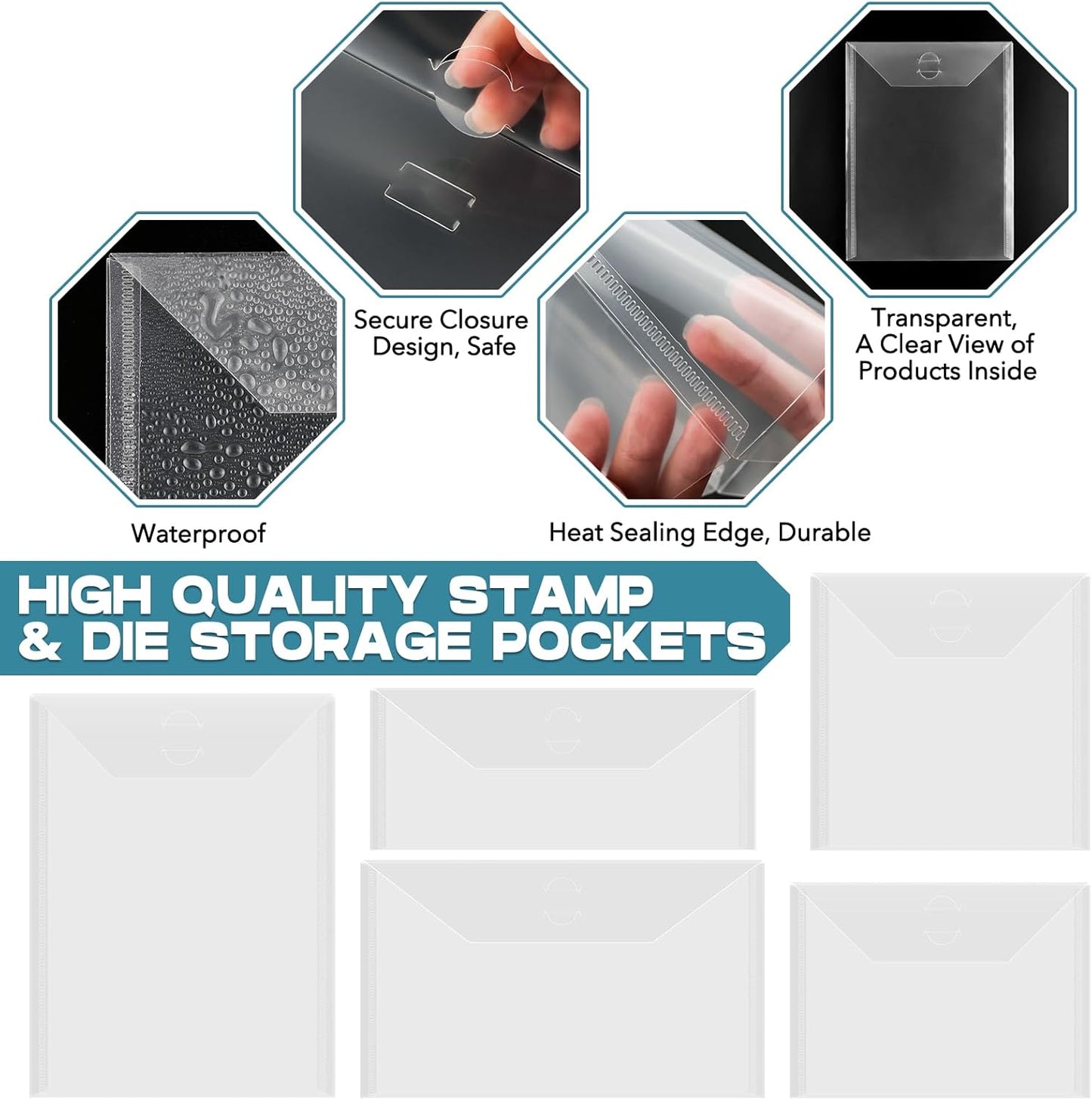 BAOFALI 200 Pcs/Set 5 Sizes Clear Stamp and Die Storage Pockets, Stamp Storage Bags, Plastic Envelopes, Scrapbooking Storage Die Cuts for Stencil Storage Card Making Cutting Dies
