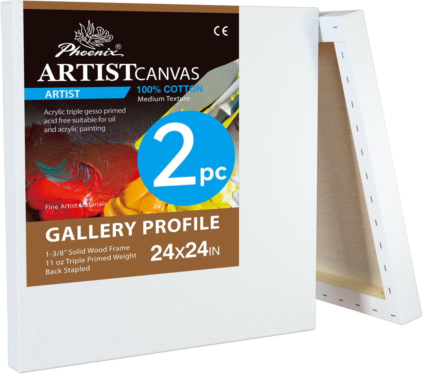 PHOENIX 24x24 Inch 2 Pack Gallery Canvas - 1.5 in Thick Large Square Canvases for Painting - Deep Edge 100% Cotton 11 Oz. Gesso Primed White Blank Professional Canvas Oil & Acrylic Paints