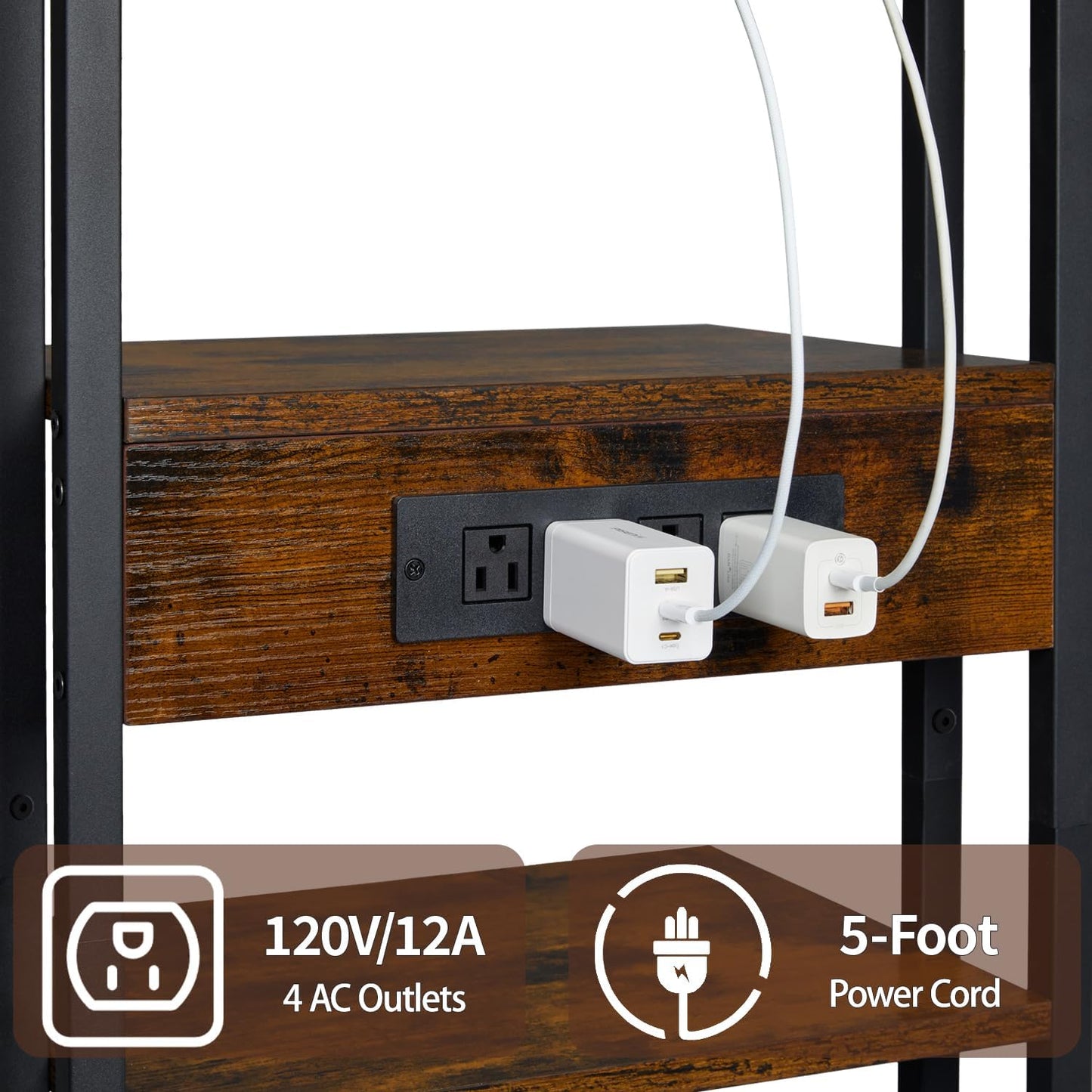 X-cosrack 4-Tier AV Media Stand with Power Strips, Wooden Corner Shelf Component Cabinet Stereo Audio Rack Stand Tower Perfect for DVD Players:Game Console:TV Box:Cable Box:Xbox:WiFi Router