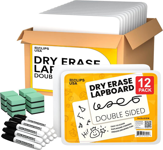 Dry Erase Board, Dry Erase Lap Boards (with 12 Markers & 12 Erasers), Small White Boards Dry Erase, White Board Mini, 9” x 12” Double Sided (12 Pack)