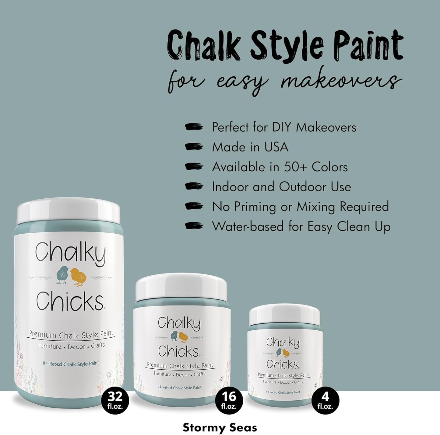 Chalky Chicks All-in-One Chalk Paint for Furniture or Cabinet - 32Fl Oz- Matte Finish Stormy Seas (Light Blue) for Metal, Wood Furniture Paint - No Sanding All-in-One for Home Decor & Crafts, USA Made