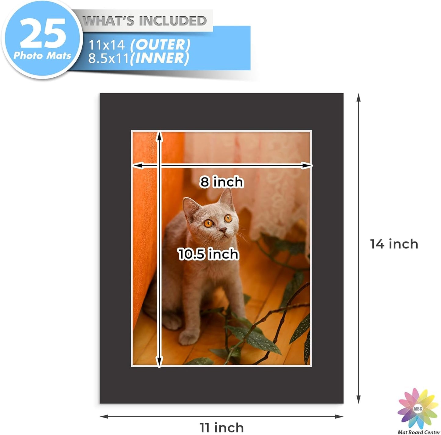Mat Board Center, Pack of 25, 11x14 for 8.5x11 Black Mats - Acid Free, 4-ply Thickness, White Core - for Pictures, Photos, Framing