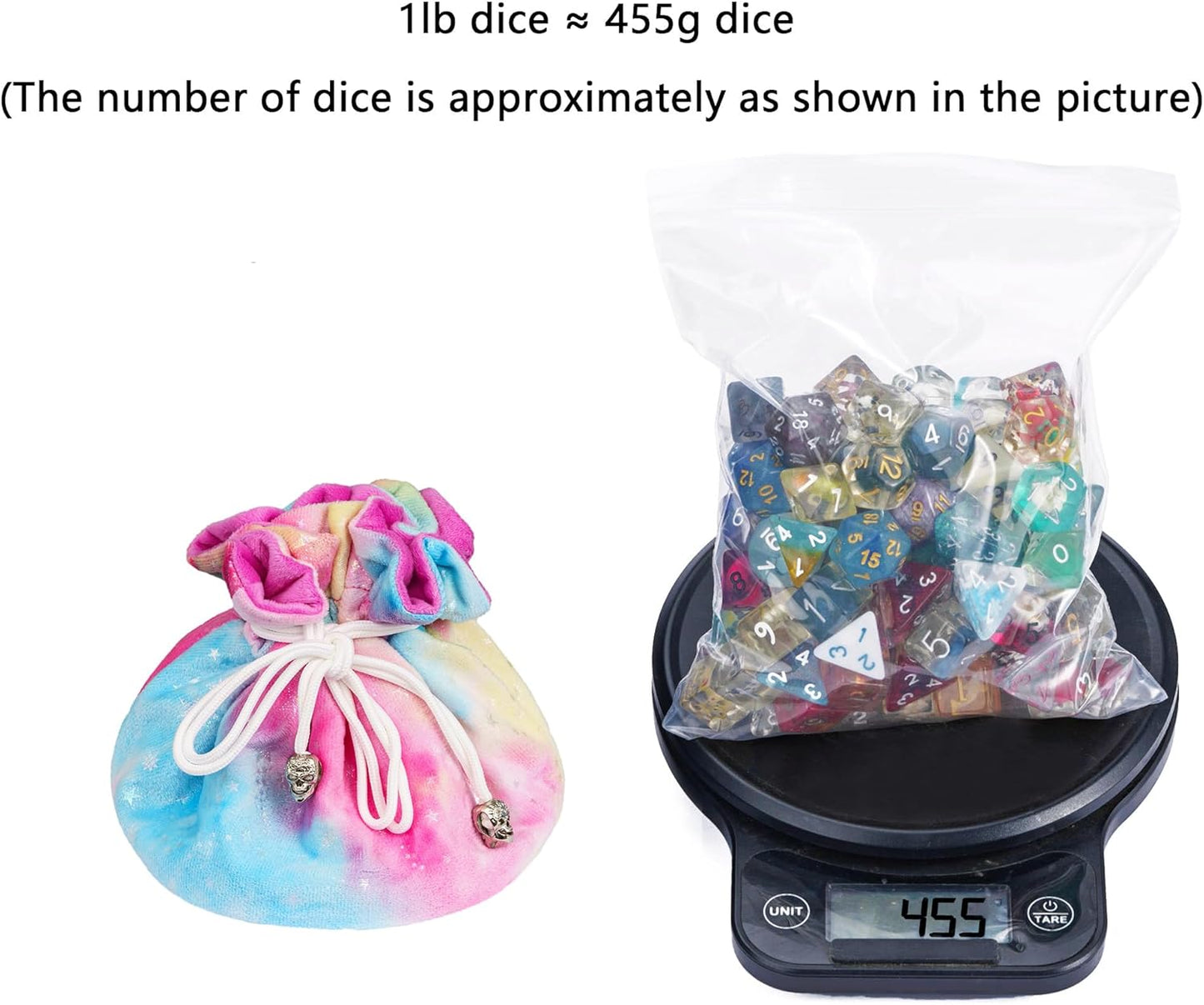 Large Dice Bags with Pockets Rainbow Storage Bags Star Pattern for DND RPG Games (with 1lb Random DND Dice)