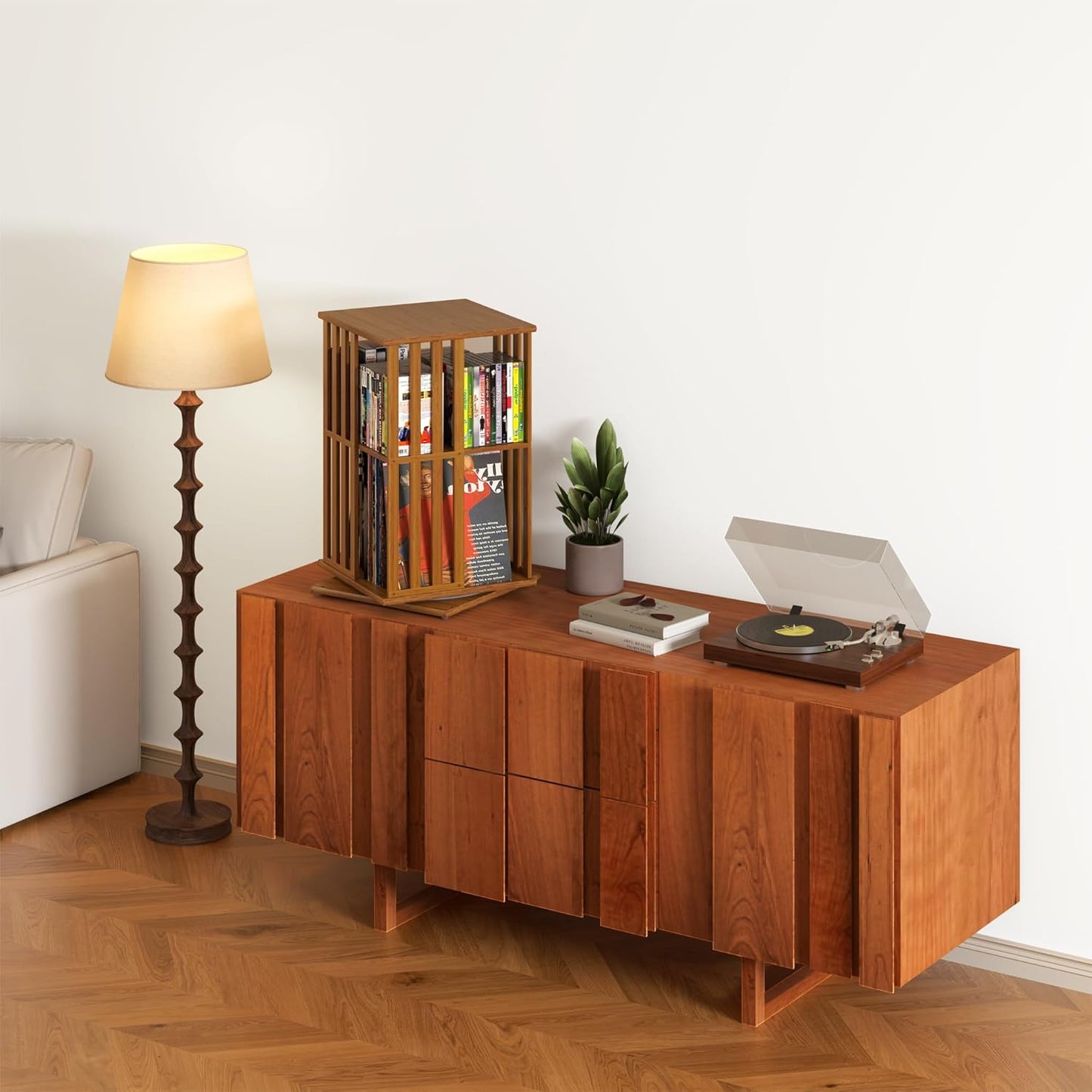 XIMN 360° Rotating Bamboo CD/DVD Shelf - 6-Tier Space-Saving Media Storage Cabinet for Movies, Organizer with Super Compact Design (Walnut, 2 Tier)