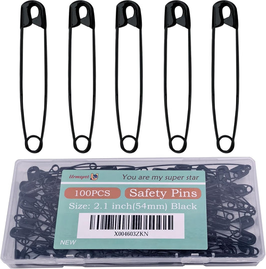 Safety Pins, 100PCS-2.1Inch Small Safety Pins, Rust-Resistant Nickel Plated Steel, Sharp Edge Safety Pin for Clothes, Sewing, Arts & Craft, Small Decorative Safety Pins (Black), UR-28