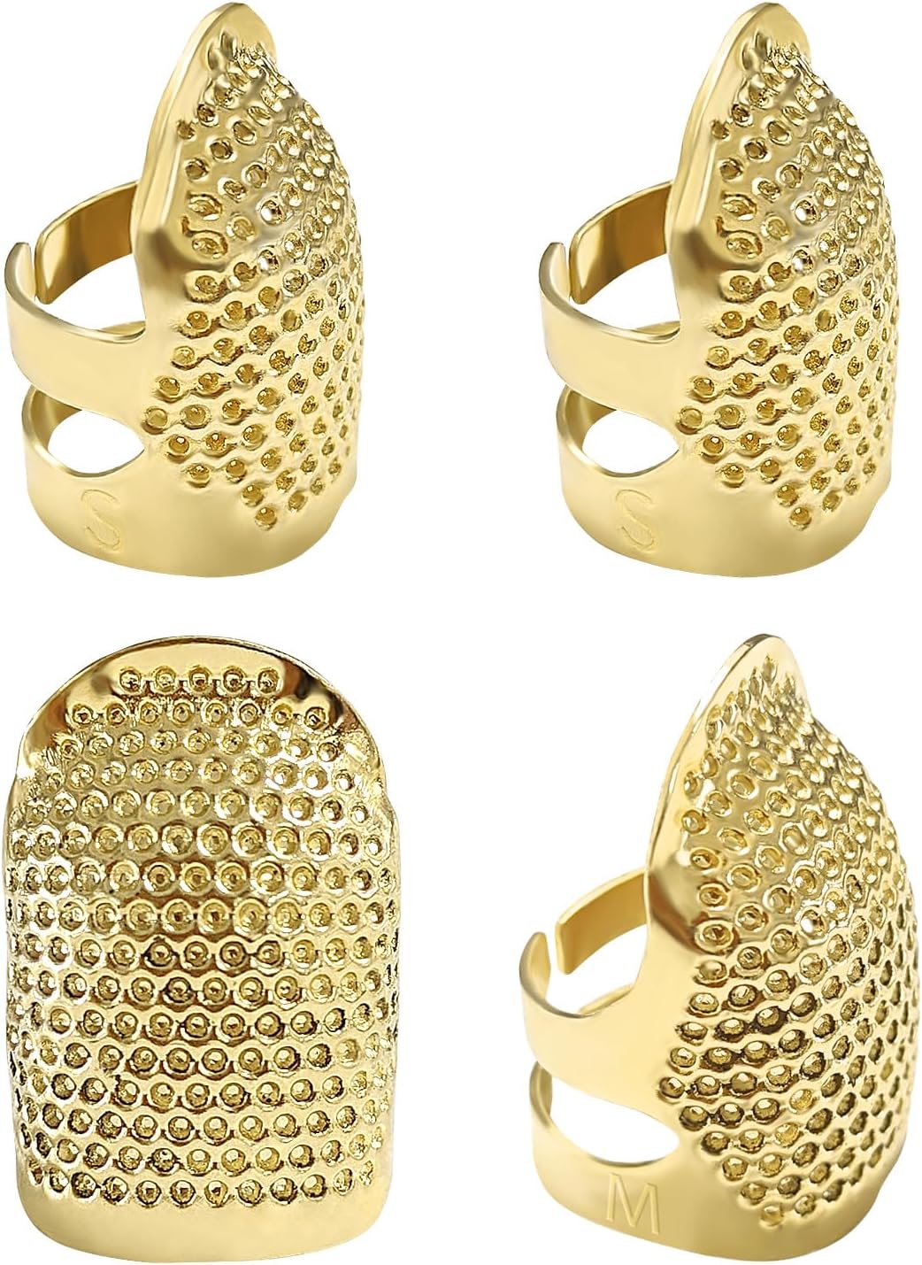 FR 4 Pack (2 Sizes, S/M) Sewing Thimble Finger Protector, Adjustable Finger Metal Shield Protector Pin Needles Sewing Quilting Craft Accessories DIY Sewing Tools Needlework Gold