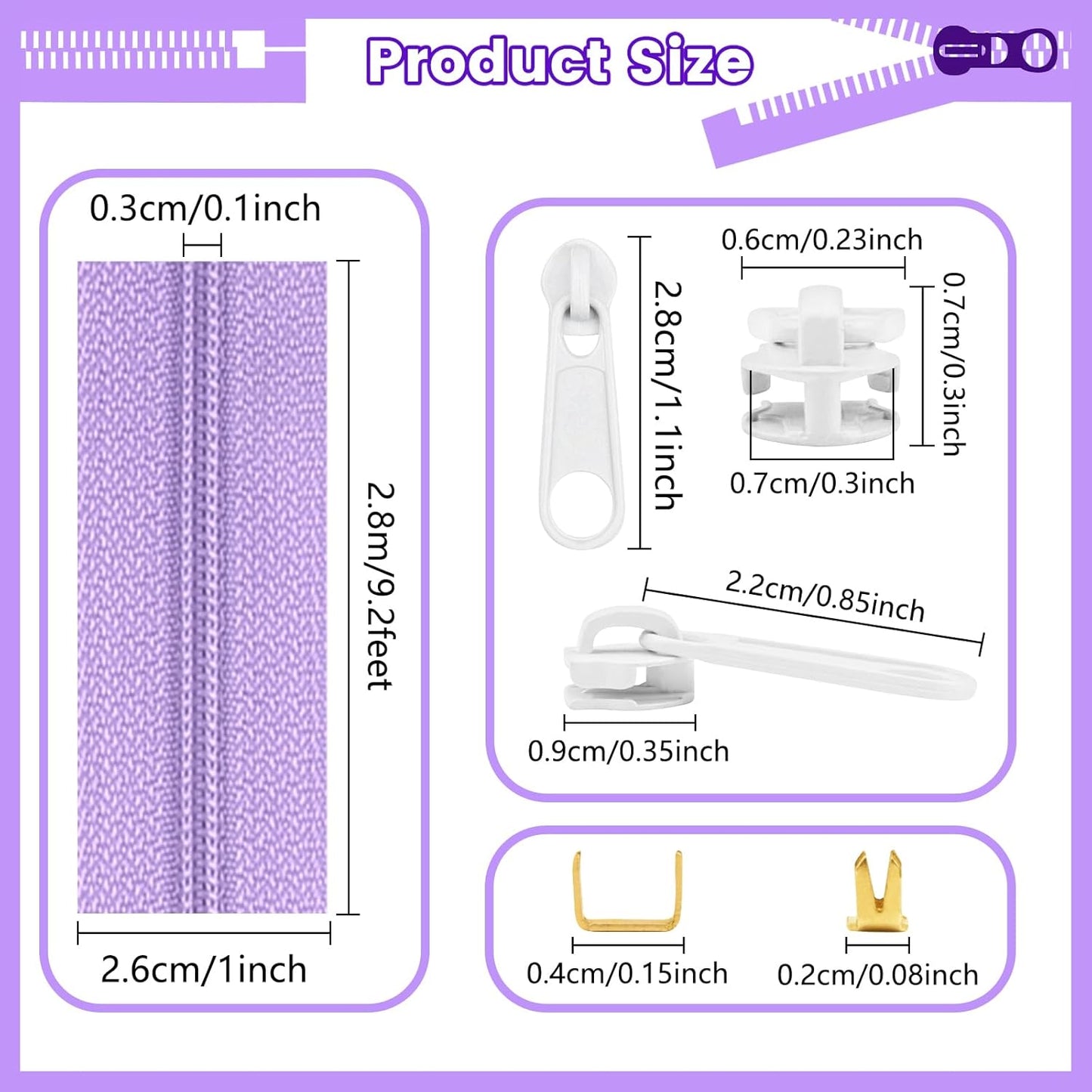 DOITEM 15.3 Yards/ 14 m 5 Pieces Assorted Colors #3 Nylon Coil Zippers, Sewing Zippers Endless Zips with 20 Pieces Zipper Sliders Zip Heads for DIY Sewing Tailor Craft Supplies (Purple Blue White)