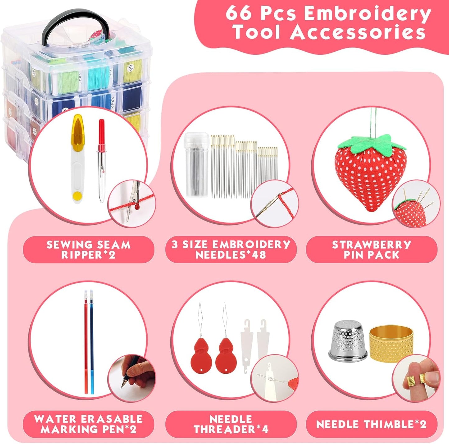 PAXCOO 276 Pack Embroidery Floss Thread Kit Including 210 Colors Cross Stitch Sewing Thread with 66 Pcs Embroidery Accessories and 4-Tier Transparent Embroidery Thread Storage Organizer Box