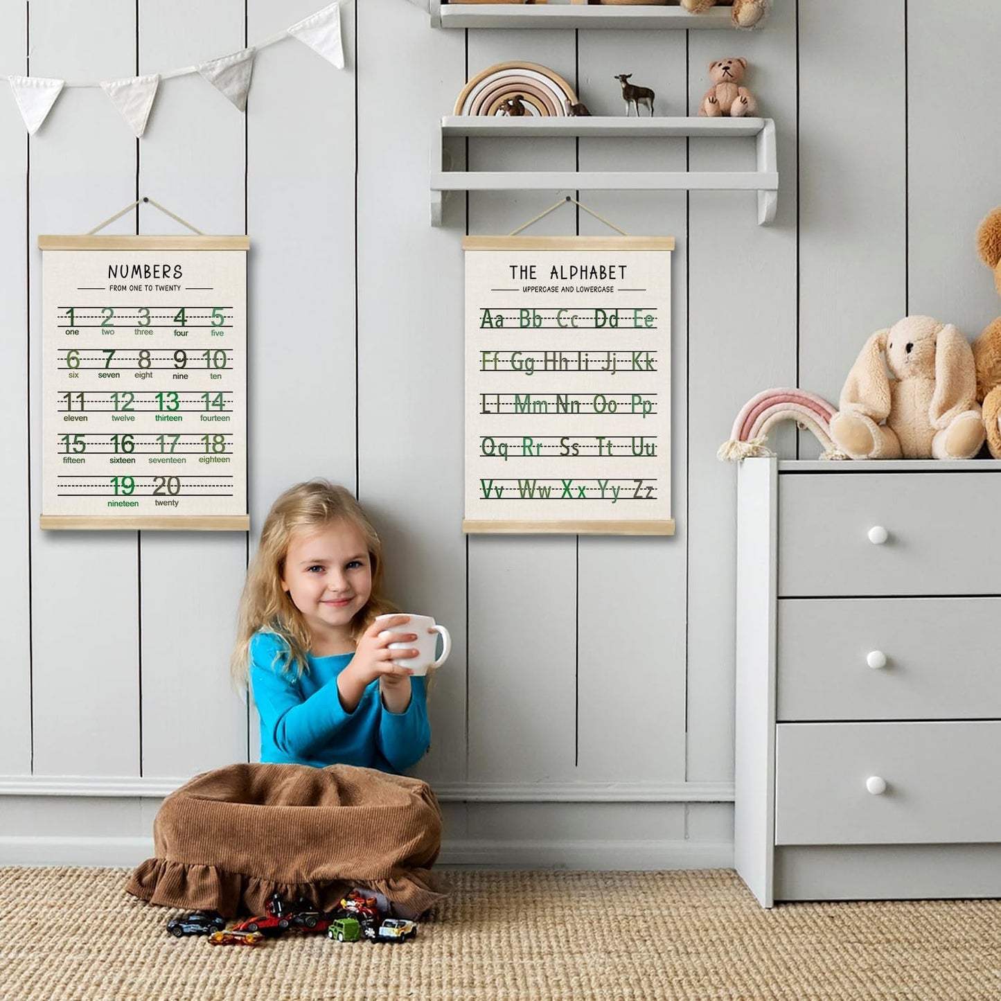 Alphabet and Numbers Wall Chart Set of 2 ,Kids Educational Posters,ABC and 1-20 Number Learning Banners for Toddlers, Preschool Classroom, Homeschool, Nursery, Playroom Decor 14 x 18.5 Inch(Green)