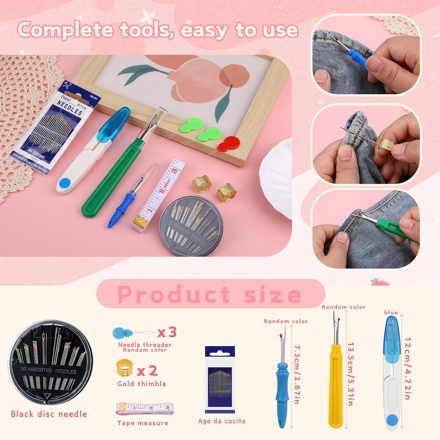 UzecPk Wrist Pin Cushion Kit, Sewing Products Including 2 Wrist Pin Cushion, 50Pcs Sewing Needles, Seam Ripper, Thimble, Scissors, and Soft Tape Measure for Sewing and Quilting DIY Projects