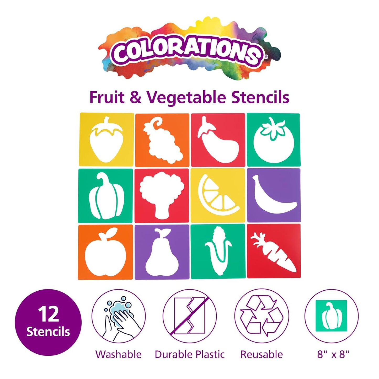Colorations Fruit & Vegetable Shapes Stencils for Kids, 8 inches, Jumbo, Sturdy, Quality, Washable, Paint, Draw, Spray, Classroom, Arts & Crafts, Teacher, Educational