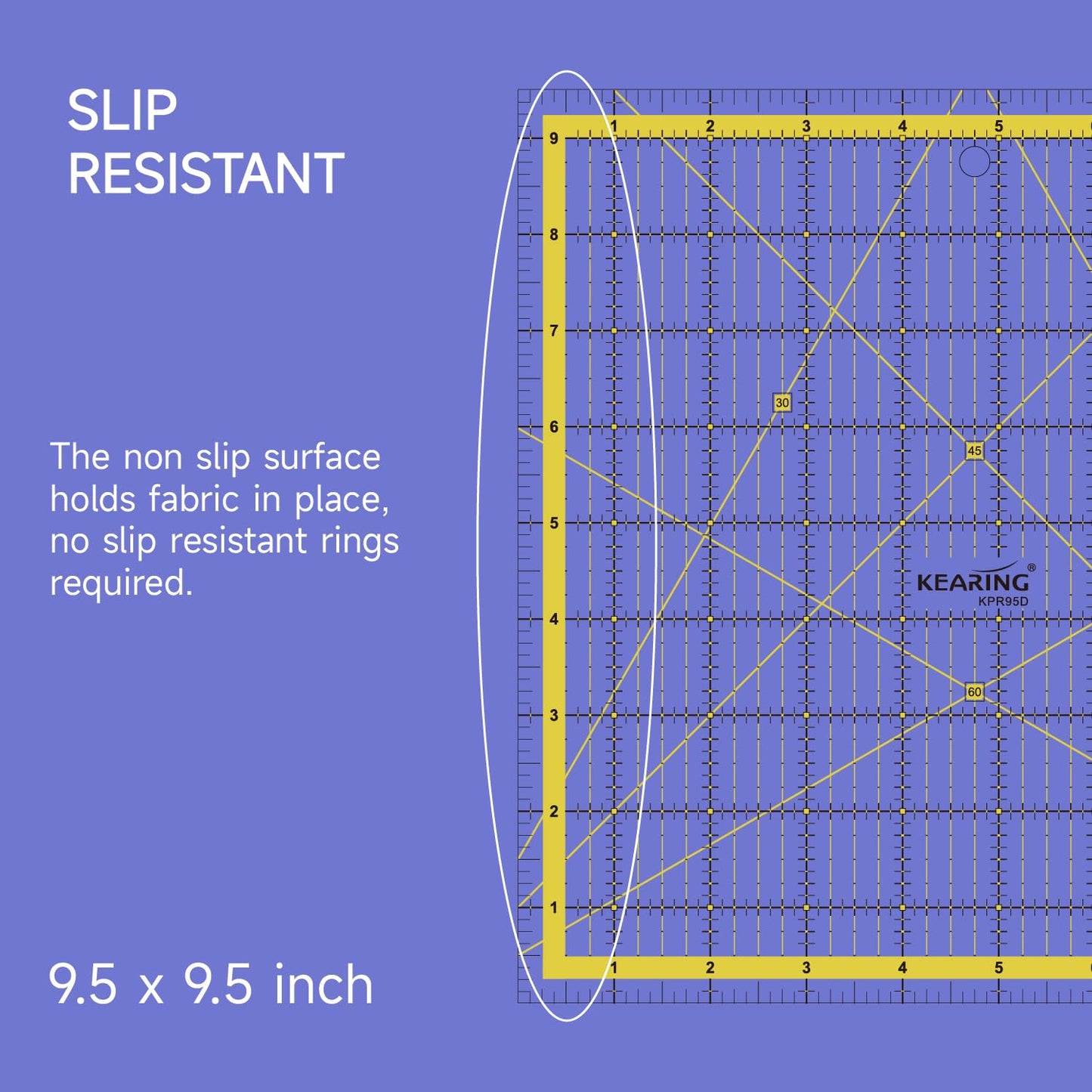 KERING Square Quilting Ruler - 9.5x9.5 inch Anti-Slip Acrylic Ruler for Patchwork Piecing, Bias Strips & Rotary Cutting, Professional Quilter's Tool with Dual-Angle Guide