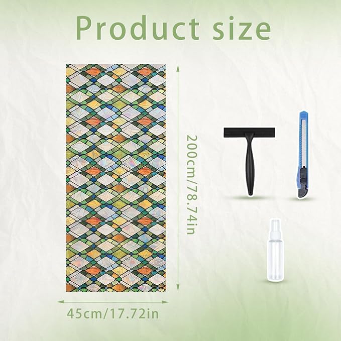 Lattice Stained Glass Window Film Static Cling with Tools - 17.5 x 78.7 Inch Non-Adhesive Privacy Decorative Rainbow Film for Windows, Doors, Sidelights - Easy Install & Remove